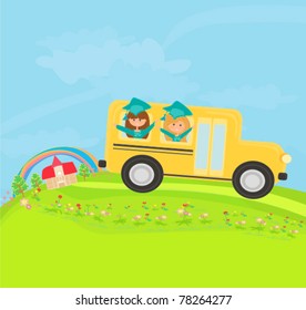 Illustration Of Kids Driving Away In A School Bus