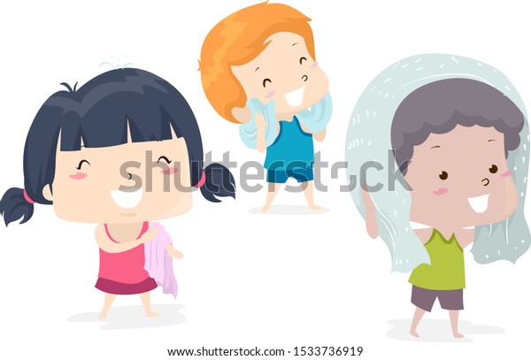 illustration-of-kids-drying-themselves-with-a-towel-dry-adjective