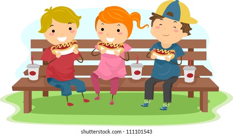 Illustration of Kids Eating Hotdogs Together