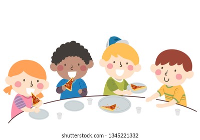 Illustration of Kids Eating Pizza, Each Having a Slice of Pizza