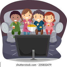 Illustration of Kids Eating Popcorn While Watching TV