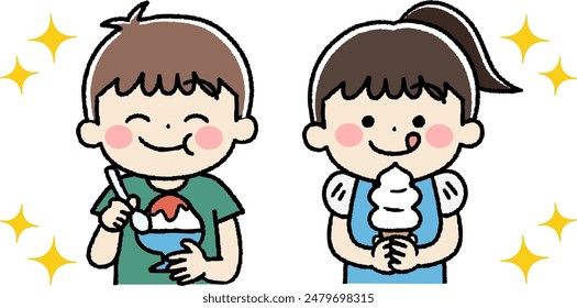 Ilustración de los niños comiendo hielo afeitado y helado de servicio suave con sonrisas