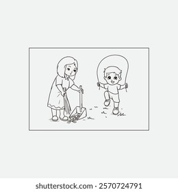 Illustration of kids engaged in outdoor activities: a girl cleaning and a boy jumping rope. Implies teamwork, cleanliness, and play. Perfect for educational or recreational materials promoting outdoor