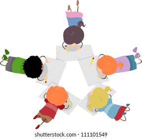 Illustration of Kids Engrossed with Drawing