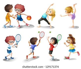 Illustration of kids exercising and playing different sports on a white background