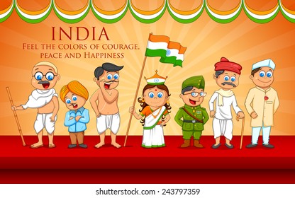 illustration of kids in fancy dress of Indian freedom fighter