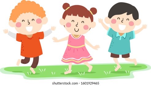 Illustration Of Kids Feeling The Grass With Their Bare Feet In The Garden And Waving