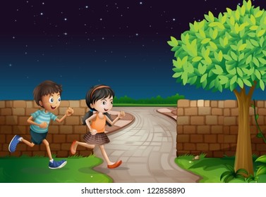 Illustration Of Kids And A Fence In A Dark Night