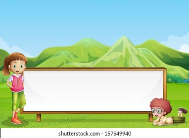 Illustration of the kids at the field with a wide empty signboard
