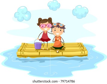 Illustration of Kids Fishing from a Raft