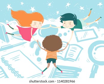 Illustration of Kids Floating in the Clouds Among School Elements Like Book, Notebook and Magnifying Glass