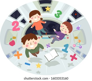 Illustration of Kids Floating Inside a Space Craft with Numbers and Education Elements