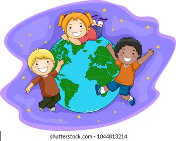Illustration of Kids Floating Outer Space with the Earth