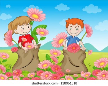 illustration of kids and flowers in a beautiful nature