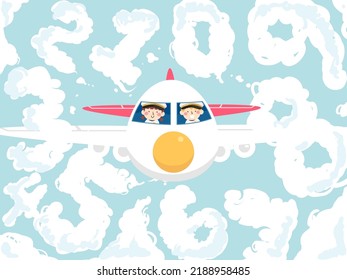 Illustration of Kids Flying an Airplane with Numbers Clouds