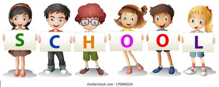 Illustration of the kids forming the school letters on a white background