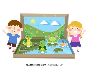 Illustration of Kids with a Fresh Water Ecosystem Diorama with a Frog, Turtle, Fish and Snake