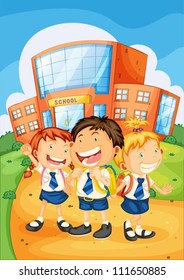 illustration of a kids in front of school