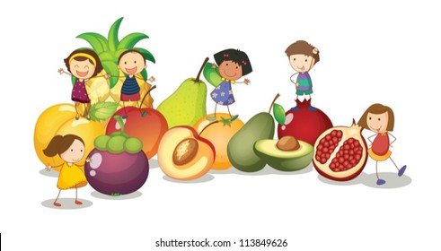 illustration of kids and fruits on a white background