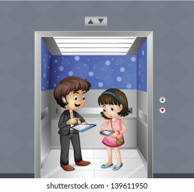 Illustration of the kids with gadgets at the elevator