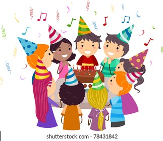 Illustration of Kids Gathered Around a Birthday Cake