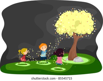 Illustration of Kids Gathered Around a Tree Covered with Fireflies