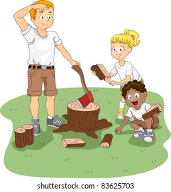 Illustration of Kids Gathering Firewood