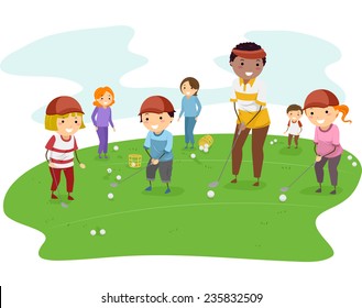 Illustration Of Kids Getting Golf Lessons From Their Coach