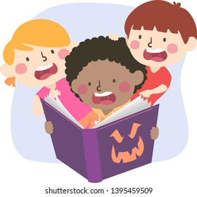 Illustration of Kids Getting Scared While Reading a Scary Story in the Book