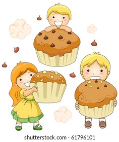 Illustration of Kids and Giant Cupcakes - Vector