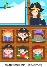 Illustration of Kids and Girl Teacher Wearing Pirate Costume Studying in a Ship