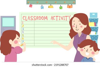 Illustration Of Kids And A Girl Teacher Writing And Posting On A Classroom Activity Board