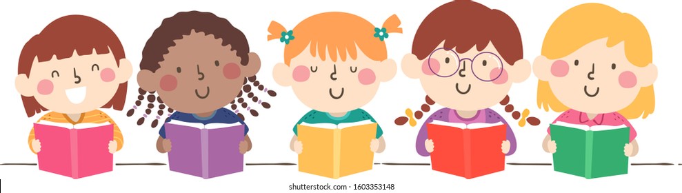 Illustration of Kids Girls Sitting in a Row Each Reading a Book