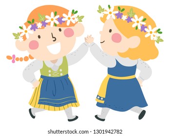 Illustration of Kids Girls Wearing Floral Headdress Dancing During the Midsummer Festival