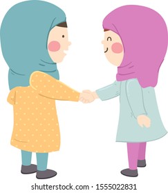 Illustration of Kids Girls Wearing Hijab and Shaking Their Hands