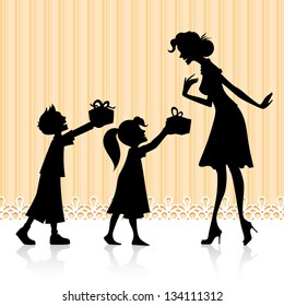 illustration of kids giving gift to mother on Mother's Day