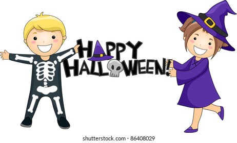 Illustration of Kids Giving a Halloween Greeting