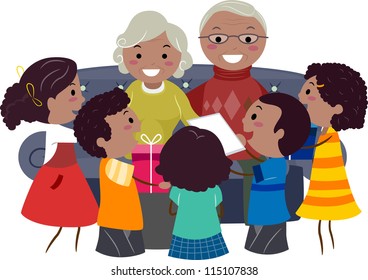 Illustration of Kids Giving Presents to Their Grandparents