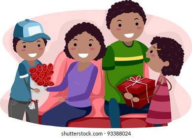 Illustration of Kids Giving Their Parents Valentine's Gifts