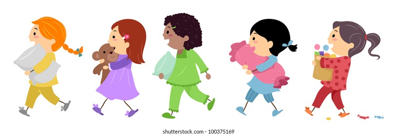 Illustration of Kids Going to a Slumber Party