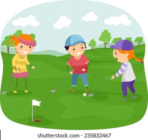 Illustration of Kids in a Golf Course Playing Golf