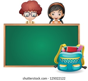 illustration of kids and a green board on a white background