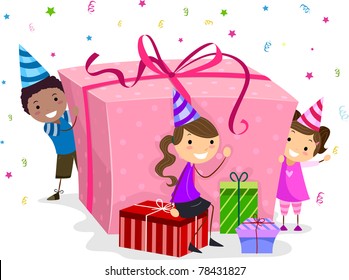 Illustration of Kids Guarding a Huge Birthday Gift