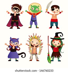 An illustration of kids in halloween costumes. Figures of children in festive costumes on the isolated background.