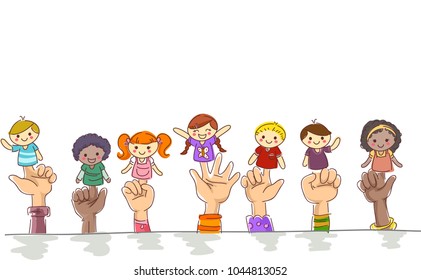 Illustration Of Kids Hands Border Holding Finger Puppets