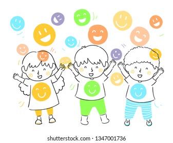 Illustration of Kids with Hands Up and Falling Smiley Faces. Happiness Shower