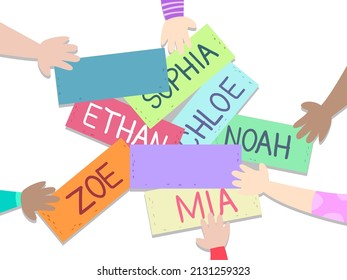 Illustration of Kids Hands Finding Their Name in Cards, Some with Blank Cards