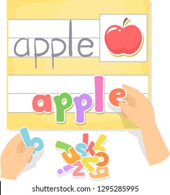 Illustration of Kids Hands Holding Movable Letters in Preschool Answering Apple