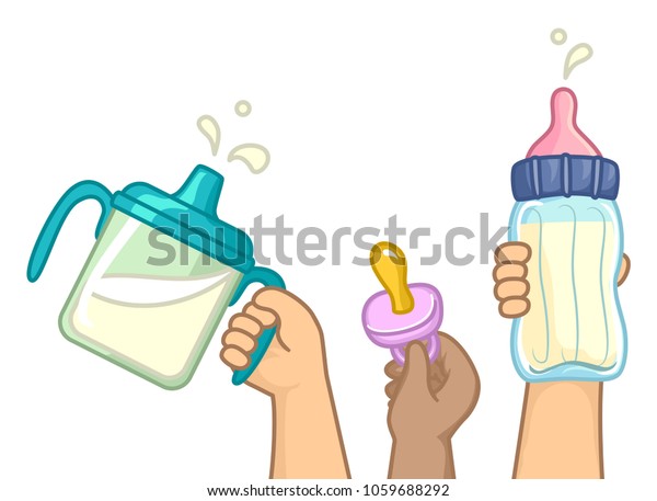 Illustration of Kids Hands Holding a Pacifier and\
Milk in Sippy Cup and Baby\
Bottle