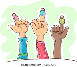 Illustration of Kids Hands Raised Up Showing Bandage on their Fingers